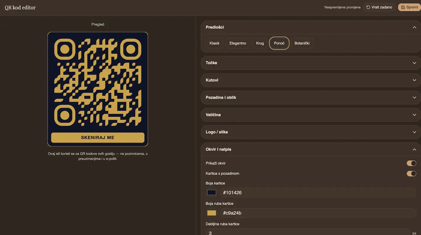 QR studio interface with color customization and a QR table card